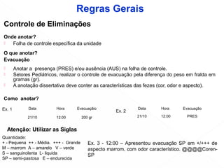 Controle de Eliminações
Onde anotar?
 Folha de controle específica da unidade
O que anotar?
Evacuação
 Anotar a presença (PRES) e/ou ausência (AUS) na folha de controle.
 Setores Pediátricos, realizar o controle de evacuação pela diferença do peso em fralda em
gramas (gr).
 A anotação dissertativa deve conter as características das fezes (cor, odor e aspecto).
Como anotar?
Data Hora Evacuação
21/10 12:00 PRES
Data Hora Evacuaçãio
21/10 12:00 200 gr
Ex. 3 - 12:00 – Apresentou evacuação SP em +/+++ de
aspecto marrom, com odor característico. @@@@Coren-
SP
Atenção: Utilizar as Siglas
Quantidade:
+ - Pequena ++ - Média. +++ - Grande
M – marrom A – amarelo V – verde
S – sanguinolenta L- liquida
SP – semi-pastosa E – endurecida
Ex. 2Ex. 1
Regras Gerais
 