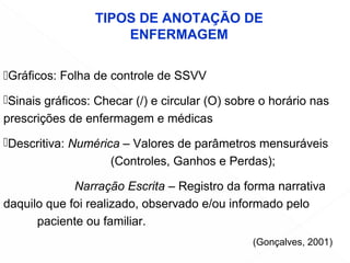 Gráficos: Folha de controle de SSVV
Sinais gráficos: Checar (/) e circular (О) sobre o horário nas
prescrições de enfermagem e médicas
Descritiva: Numérica – Valores de parâmetros mensuráveis
(Controles, Ganhos e Perdas);
Narração Escrita – Registro da forma narrativa
daquilo que foi realizado, observado e/ou informado pelo
paciente ou familiar.
TIPOS DE ANOTAÇÃO DE
ENFERMAGEM
(Gonçalves, 2001)
 