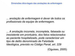 ... anotação de enfermagem é dever de todos os
profissionais da equipe de enfermagem.
... A anotação incorreta, incompleta, falseada ou
inexistente em prontuário, dos fatos relacionados
ao paciente hospitalizado, pode caracterizar um
tipo de delito denominado de Falsidade
Ideológica, previsto no Código Penal, art. 229
(Oguisso, 2005)
Dimensões ético-legais das anotações de enfermagem
 