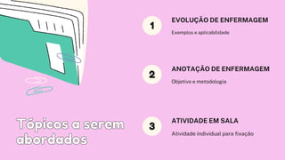 Tópicos a serem
Tópicos a serem
abordados
abordados
Exemplos e aplicabilidade
EVOLUÇÃO DE ENFERMAGEM
Objetivo e metodologia
ANOTAÇÃO DE ENFERMAGEM
Atividade individual para fixação
ATIVIDADE EM SALA
1
2
3
 