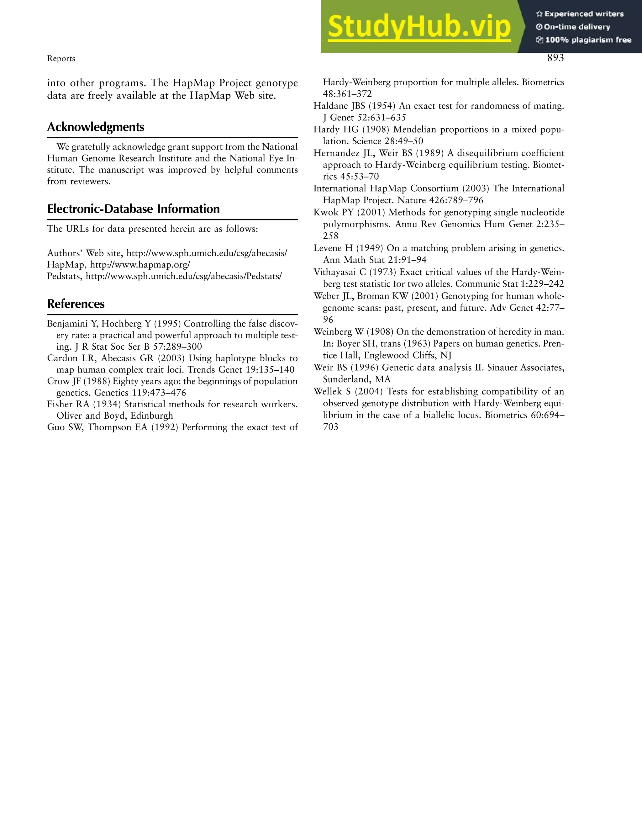 Reports 893
into other programs. The HapMap Project genotype
data are freely available at the HapMap Web site.
Acknowledgments
We gratefully acknowledge grant support from the National
Human Genome Research Institute and the National Eye In-
stitute. The manuscript was improved by helpful comments
from reviewers.
Electronic-Database Information
The URLs for data presented herein are as follows:
Authors’ Web site, http://www.sph.umich.edu/csg/abecasis/
HapMap, http://www.hapmap.org/
Pedstats, http://www.sph.umich.edu/csg/abecasis/Pedstats/
References
Benjamini Y, Hochberg Y (1995) Controlling the false discov-
ery rate: a practical and powerful approach to multiple test-
ing. J R Stat Soc Ser B 57:289–300
Cardon LR, Abecasis GR (2003) Using haplotype blocks to
map human complex trait loci. Trends Genet 19:135–140
Crow JF (1988) Eighty years ago: the beginnings of population
genetics. Genetics 119:473–476
Fisher RA (1934) Statistical methods for research workers.
Oliver and Boyd, Edinburgh
Guo SW, Thompson EA (1992) Performing the exact test of
Hardy-Weinberg proportion for multiple alleles. Biometrics
48:361–372
Haldane JBS (1954) An exact test for randomness of mating.
J Genet 52:631–635
Hardy HG (1908) Mendelian proportions in a mixed popu-
lation. Science 28:49–50
Hernandez JL, Weir BS (1989) A disequilibrium coefficient
approach to Hardy-Weinberg equilibrium testing. Biomet-
rics 45:53–70
International HapMap Consortium (2003) The International
HapMap Project. Nature 426:789–796
Kwok PY (2001) Methods for genotyping single nucleotide
polymorphisms. Annu Rev Genomics Hum Genet 2:235–
258
Levene H (1949) On a matching problem arising in genetics.
Ann Math Stat 21:91–94
Vithayasai C (1973) Exact critical values of the Hardy-Wein-
berg test statistic for two alleles. Communic Stat 1:229–242
Weber JL, Broman KW (2001) Genotyping for human whole-
genome scans: past, present, and future. Adv Genet 42:77–
96
Weinberg W (1908) On the demonstration of heredity in man.
In: Boyer SH, trans (1963) Papers on human genetics. Pren-
tice Hall, Englewood Cliffs, NJ
Weir BS (1996) Genetic data analysis II. Sinauer Associates,
Sunderland, MA
Wellek S (2004) Tests for establishing compatibility of an
observed genotype distribution with Hardy-Weinberg equi-
librium in the case of a biallelic locus. Biometrics 60:694–
703
 