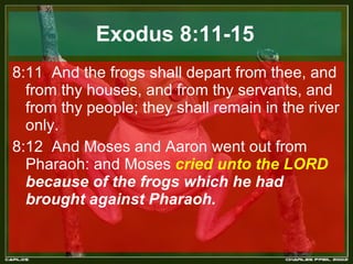 Exodus 8:11-15 8:11  And the frogs shall depart from thee, and from thy houses, and from thy servants, and from thy people; they shall remain in the river only.  8:12  And Moses and Aaron went out from Pharaoh: and Moses  cried unto the LORD  because of the frogs which he had brought against Pharaoh.  