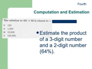 Computation and Estimation Estimate the product of a 3-digit number and a 2-digit number (64%). Fourth 