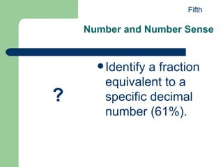 Number and Number Sense Identify a fraction equivalent to a specific decimal number (61%). Fifth ? 