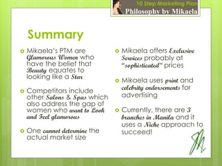 10 Step Marketing Plan
                                     Philosophy by Mikaela


    Summary
   Mikaela’s PTM are              Mikaela offers Exclusive
    Glamorous Women who             Services probably at
    have the belief that            “sophisticated” prices
    Beauty equates to
    looking like a Star
                                   Mikaela uses print and
   Competitors include             celebrity endorsements for
    other Salons & Spas which       advertising
    also address the gap of
    women who want to Look         Currently, there are 3
    and Feel glamorous              branches in Manila and it
                                    uses a Niche approach to
   One cannot determine the        succeed!
    actual market size
 