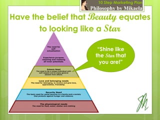 10 Step Marketing Plan
                    Philosophy by Mikaela
Have the belief that Beauty equates
       to looking like a Star

                       “Shine like
                      the Star that
                        you are!”
 