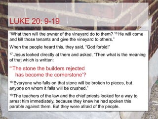 LUKE 20: 9-19
“What then will the owner of the vineyard do to them? 16 He will come
and kill those tenants and give the vineyard to others.”
When the people heard this, they said, “God forbid!”
17 Jesus looked directly at them and asked, “Then what is the meaning
of that which is written:
“„The stone the builders rejected
   has become the cornerstone‟?
18 Everyonewho falls on that stone will be broken to pieces, but
anyone on whom it falls will be crushed.”
19 The teachers of the law and the chief priests looked for a way to
arrest him immediately, because they knew he had spoken this
parable against them. But they were afraid of the people.
 