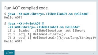Copyright	©	2017,	Oracle	and/or	its	affiliates.	All	rights	reserved.		 25
$ java -XX:AOTLibrary=./libHelloAOT.so HelloAOT
Hello AOT!
$ java -XX:+PrintAOT ¥
-XX:AOTLibrary=./libHelloAoT.so HelloAoT
13 1 loaded ./libHelloAoT.so aot library
76 1 aot[ 1] HelloAoT.<init>()V
76 2 aot[ 1] HelloAoT.main([Ljava/lang/String;)V
Hello AOT!
Run	AOT	compiled	code
 