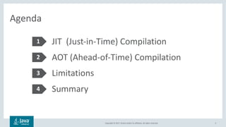Copyright	©	2017,	Oracle	and/or	its	affiliates.	All	rights	reserved.		
Agenda
JIT		(Just-in-Time)	Compilation
AOT	(Ahead-of-Time)	Compilation
Limitations
Summary
1
2
3
4
3
 