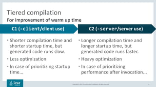 Copyright	©	2017,	Oracle	and/or	its	affiliates.	All	rights	reserved.		 6
For	improvement	of	warm	up	time
Tiered	compilation
C1	(-client/client	use) C2	(-server/server	use)
• Longer	compilation	time	and	
longer	startup	time,	but	
generated	code	runs	faster.
• Heavy	optimization
• In	case	of	prioritizing	
performance	after	invocation...
• Shorter	compilation	time	and	
shorter	startup	time,	but	
generated	code	runs	slow.
• Less	optimization
• In	case	of	prioritizing	startup	
time...
 