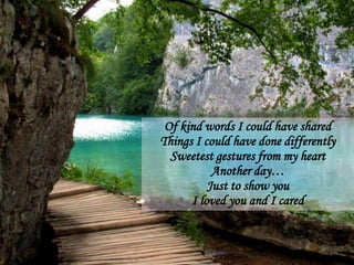 Of kind words I could have sharedThings I could have done differentlySweetest gestures from my heartAnother day…Just to show youI loved you and I cared