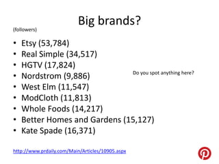 (followers)
                          Big brands?
•   Etsy (53,784)
•   Real Simple (34,517)
•   HGTV (17,824)
                               Do you spot anything here?
•   Nordstrom (9,886)
•   West Elm (11,547)
•   ModCloth (11,813)
•   Whole Foods (14,217)
•   Better Homes and Gardens (15,127)
•   Kate Spade (16,371)

http://www.prdaily.com/Main/Articles/10905.aspx
 