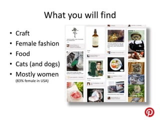 What you will find
•   Craft
•   Female fashion
•   Food
•   Cats (and dogs)
•   Mostly women
    (83% female in USA)
 