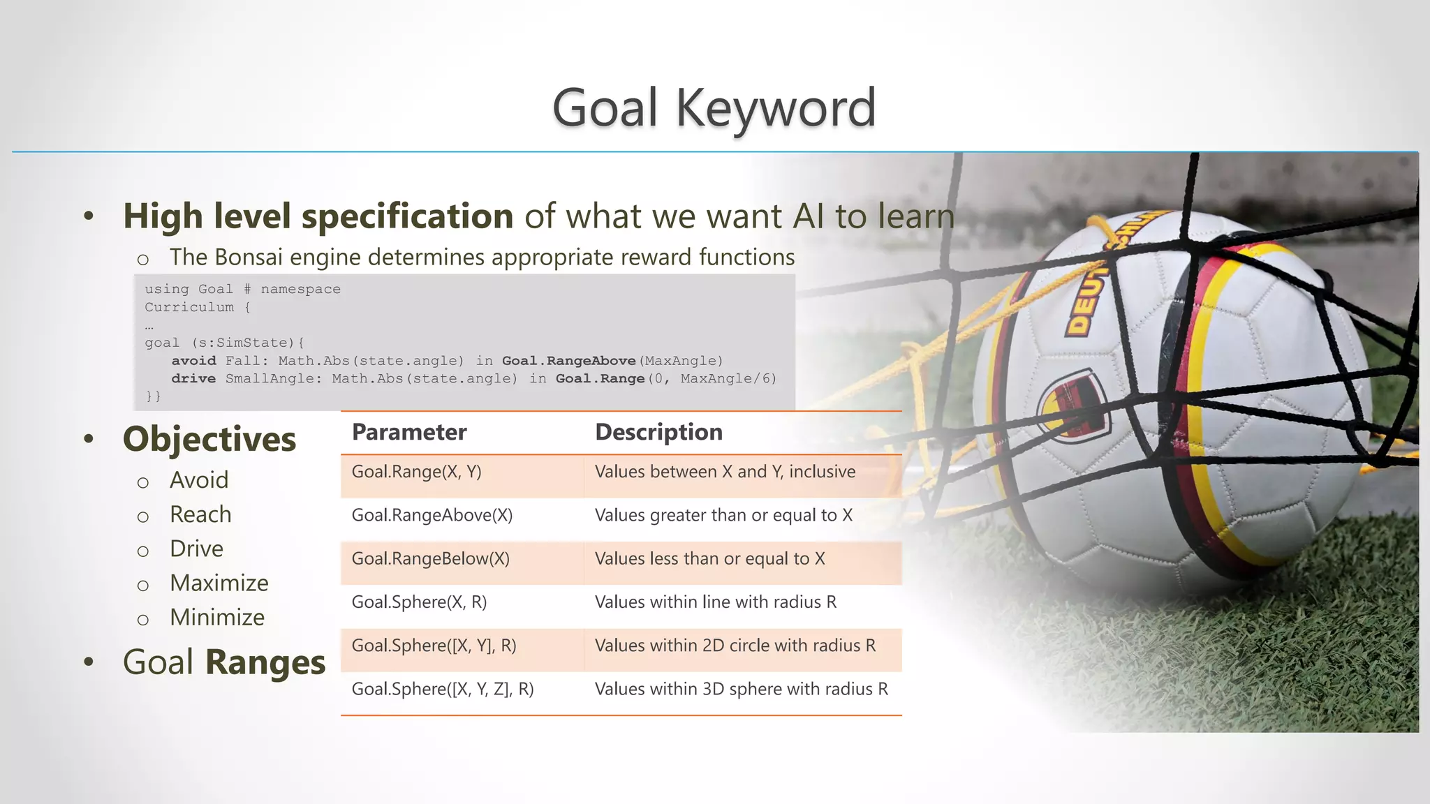 Goal Keyword • High level specification of what we want AI to learn o The Bonsai engine determines appropriate reward functions • Objectives o Avoid o Reach o Drive o Maximize o Minimize • Goal Ranges using Goal # namespace Curriculum { … goal (s:SimState){ avoid Fall: Math.Abs(state.angle) in Goal.RangeAbove(MaxAngle) drive SmallAngle: Math.Abs(state.angle) in Goal.Range(0, MaxAngle/6) }} Parameter Description Goal.Range(X, Y) Values between X and Y, inclusive Goal.RangeAbove(X) Values greater than or equal to X Goal.RangeBelow(X) Values less than or equal to X Goal.Sphere(X, R) Values within line with radius R Goal.Sphere([X, Y], R) Values within 2D circle with radius R Goal.Sphere([X, Y, Z], R) Values within 3D sphere with radius R 