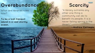 Overabundance Scarcity 
“A library outranks any 
other one thing a 
community can do to 
benefit its people. It is a 
never failing spring in the 
desert.” 
- Andrew Carnegie 
What are libraries roles 
now? 
To be a lush tranquil 
island in a vast stormy 
ocean. 
 
