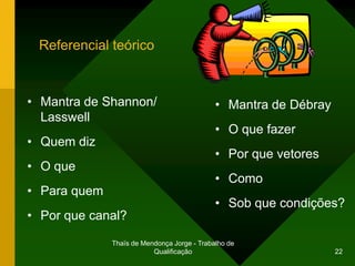 Referencial teórico



• Mantra de Shannon/                         • Mantra de Débray
  Lasswell
                                             • O que fazer
• Quem diz
                                             • Por que vetores
• O que
                                             • Como
• Para quem
                                             • Sob que condições?
• Por que canal?

              Thaïs de Mendonça Jorge - Trabalho de
                          Qualificação                            22
 