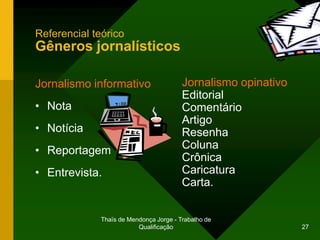 Referencial teórico
Gêneros jornalísticos

Jornalismo informativo                   Jornalismo opinativo
                                         Editorial
• Nota                                   Comentário
                                         Artigo
• Notícia                                Resenha
• Reportagem                             Coluna
                                         Crônica
• Entrevista.                            Caricatura
                                         Carta.


              Thaïs de Mendonça Jorge - Trabalho de
                          Qualificação                          27
 