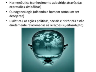 Hermenêutica (conhecimento adquirido através das expressões simbólicas)Queogenealogia (olhando o homem como um ser desejante)Dialética ( as ações políticas, sociais e históricas estão diretamente relacionadas as relações sujeito/objeto) 