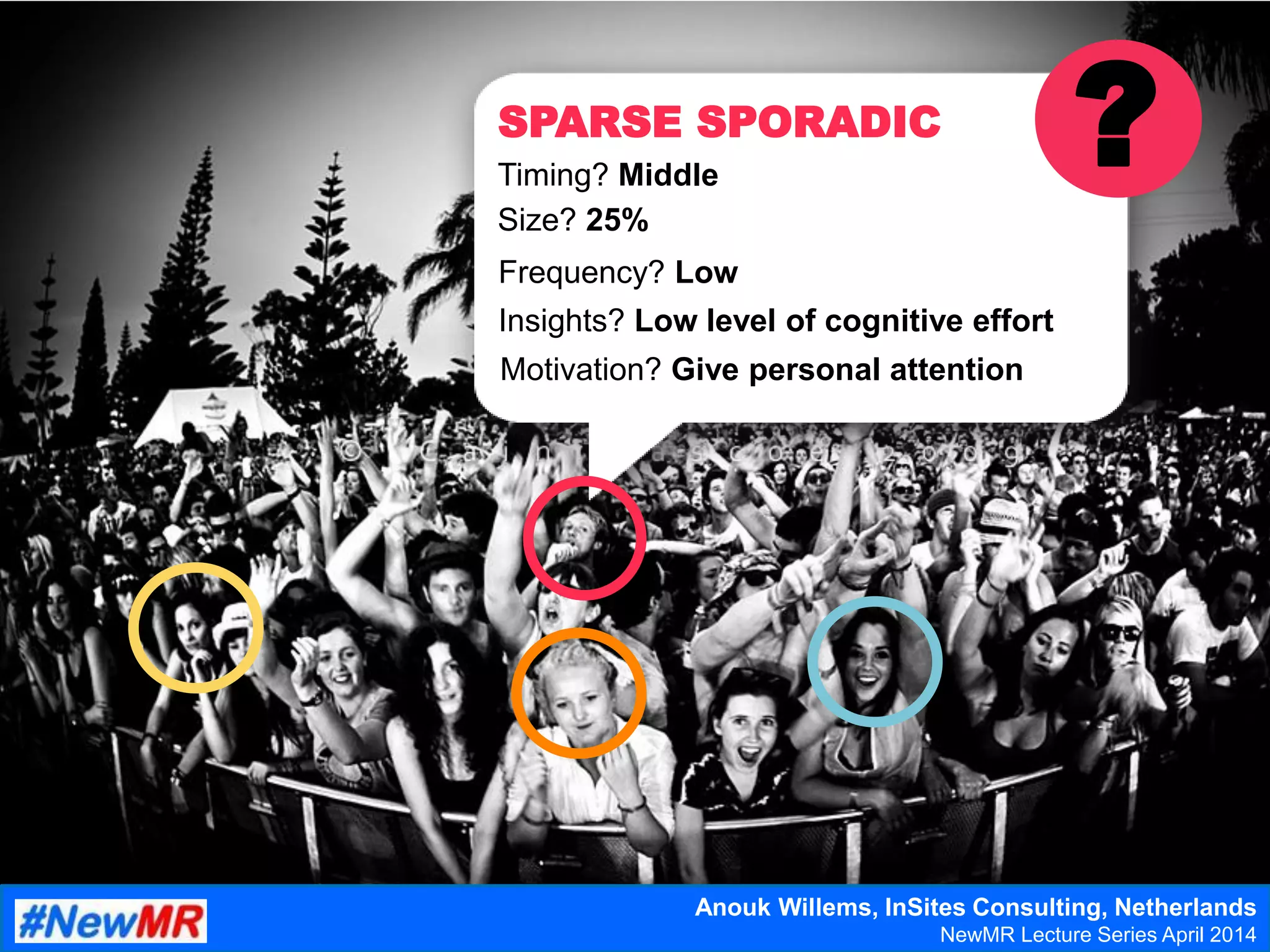 Insights? Low level of cognitive effort
Timing? Middle
Frequency? Low
Size? 25%
Motivation? Give personal attention
SPARSE SPORADIC
?
Anouk Willems, InSites Consulting, Netherlands
NewMR Lecture Series April 2014
 