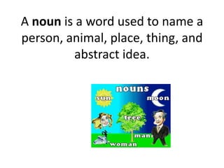 A noun is a word used to name a person, animal, place, thing, and abstract idea. 