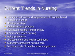 Current Trends in Nursing
• Change in education, disappearance of hospital based
schools of nursing
• Nursing shortage
• Evidence-based practice
• Decreased hospital length of stay
• Community based nursing
• Aging population
• Increase in chronic health conditions
• Culturally competent nursing care
• Increase costs of health care/managed care
04/10/2015 www.drjayeshpatidar.blogspot.in 11
 