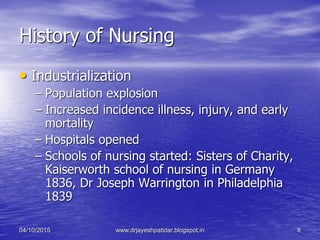 History of Nursing
• Industrialization
– Population explosion
– Increased incidence illness, injury, and early
mortality
– Hospitals opened
– Schools of nursing started: Sisters of Charity,
Kaiserworth school of nursing in Germany
1836, Dr Joseph Warrington in Philadelphia
1839
04/10/2015 www.drjayeshpatidar.blogspot.in 8
 
