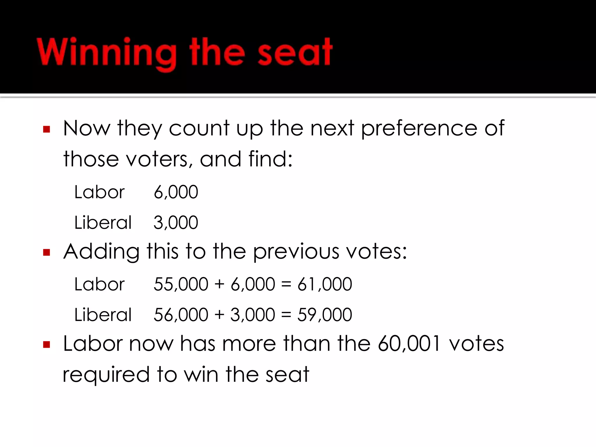 Second distribution of preferencesSo now they go back again to the ballots which made up the Greens’ 9,000 votes, which are those which looked like either of these: