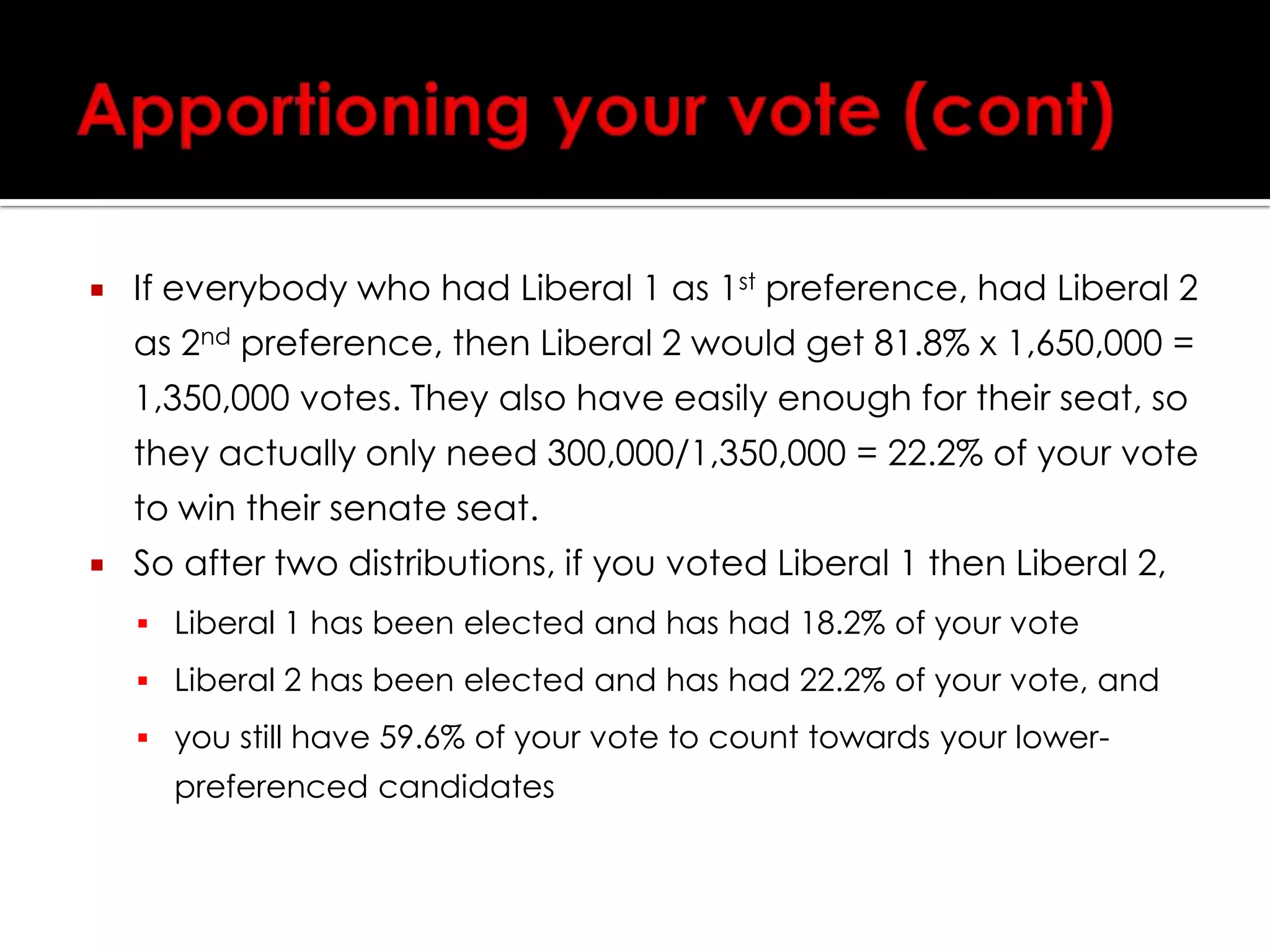 Apportioning your voteThese two candidates have far in excess of the 300,000 votes required to win a seat, so each vote is apportioned, or split into fractions of a vote.So if you had voted 1 for Liberal Candidate 1, 300,000/1,650,000 = 18.2% of your vote is counted towards that candidate.The remaining 81.8% of your vote now goes to the candidate you put as number 2.