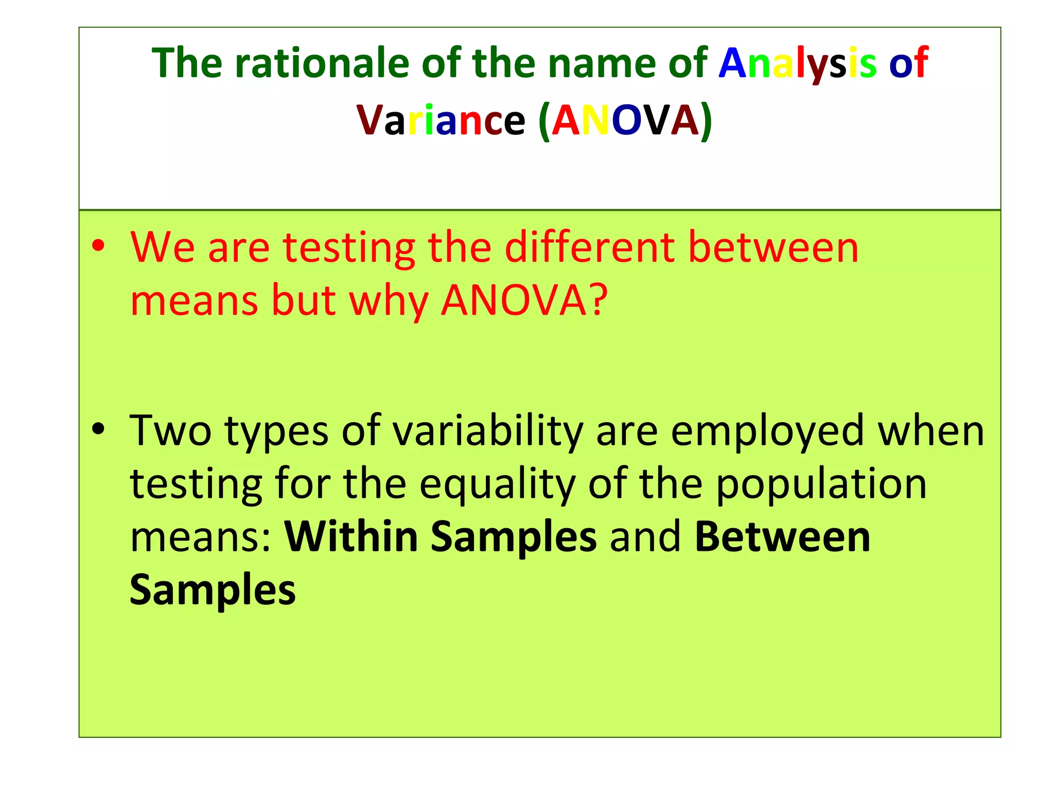 The rationale of the name of   A n a l y s i s   o f   V a r i a n c e  ( A N O V A )  We are testing the different between means but why ANOVA? Two types of variability are employed when testing for the equality of the population means:  Within Samples  and  Between Samples 