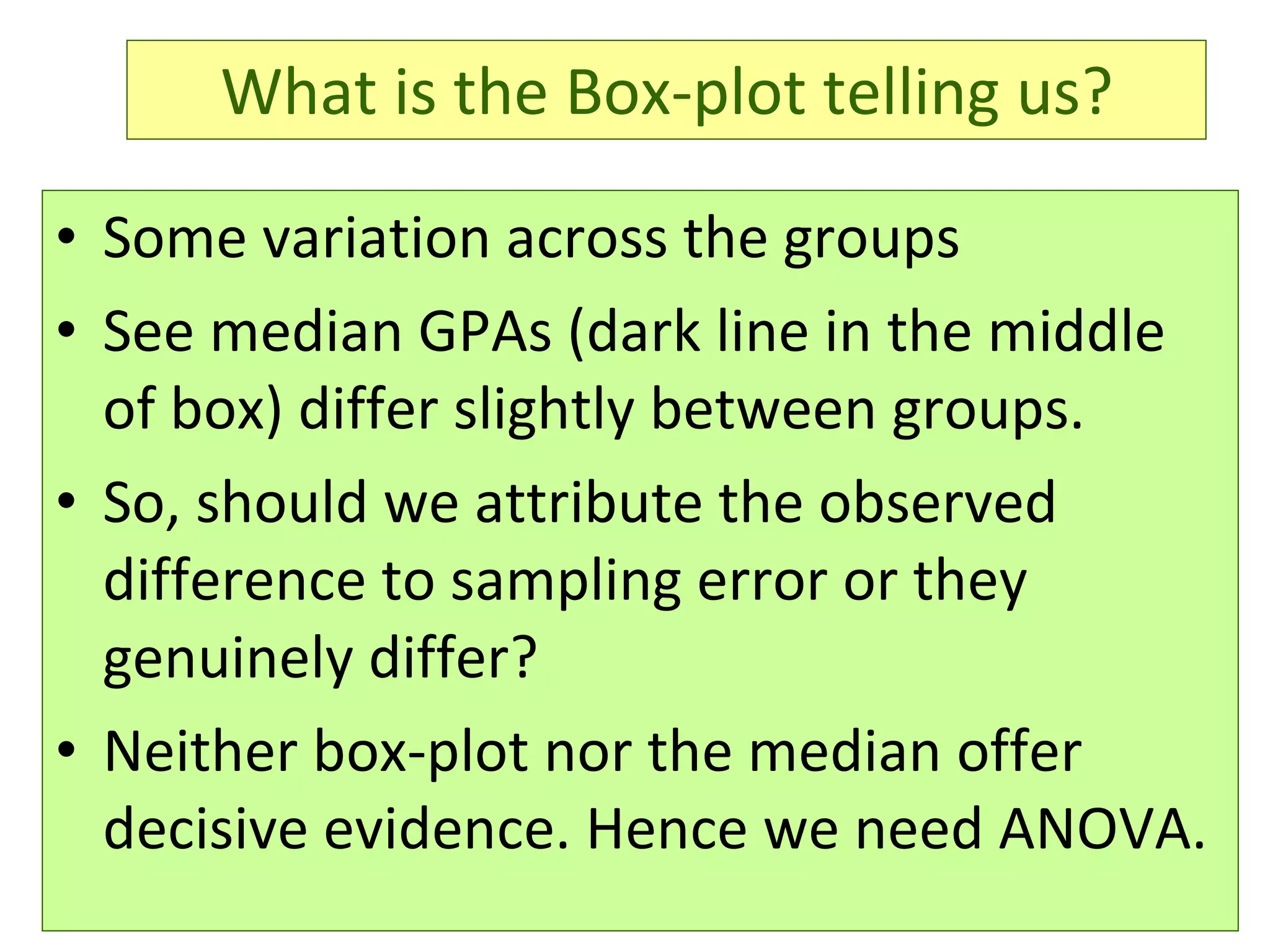 What is the Box-plot telling us? Some variation across the groups See median GPAs (dark line in the middle of box) differ slightly between groups.  So, should we attribute the observed difference to sampling error or they genuinely differ? Neither box-plot nor the median offer decisive evidence. Hence we need ANOVA. 