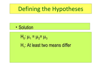 Defining the Hypotheses H 0 :   1  =   2 =   3 H 1 : At least two means differ Solution 