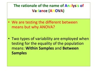The rationale of the name of   A n a l y s i s   o f   V a r i a n c e  ( A N O V A )  We are testing the different between means but why ANOVA? Two types of variability are employed when testing for the equality of the population means:  Within Samples  and  Between Samples 