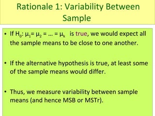 Rationale 1: Variability Between Sample   If H 0 :  μ 1 =  μ 2  = … =  μ k   is  true , we would expect all the sample means to be close to one another.  If the alternative hypothesis is true, at least some of the sample means would differ. Thus, we measure variability between sample means (and hence MSB or MSTr).  
