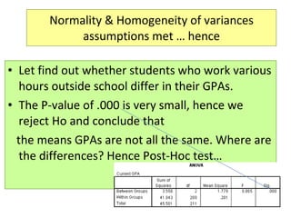 Normality & Homogeneity of variances assumptions met … hence Let find out whether students who work various hours outside school differ in their GPAs. The P-value of .000 is very small, hence we reject Ho and conclude that the means GPAs are not all the same. Where are the differences? Hence Post-Hoc test… 