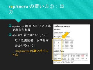  repAnova は HTML ファイル
で出力される
 ANOVA 君では“ A” ，“ a1”
　　だった要因名，水準名が
　　分かりやすく！
　　 #repAnova の凄いポイン
ト②
repAnova の い使 方②：出
力
 