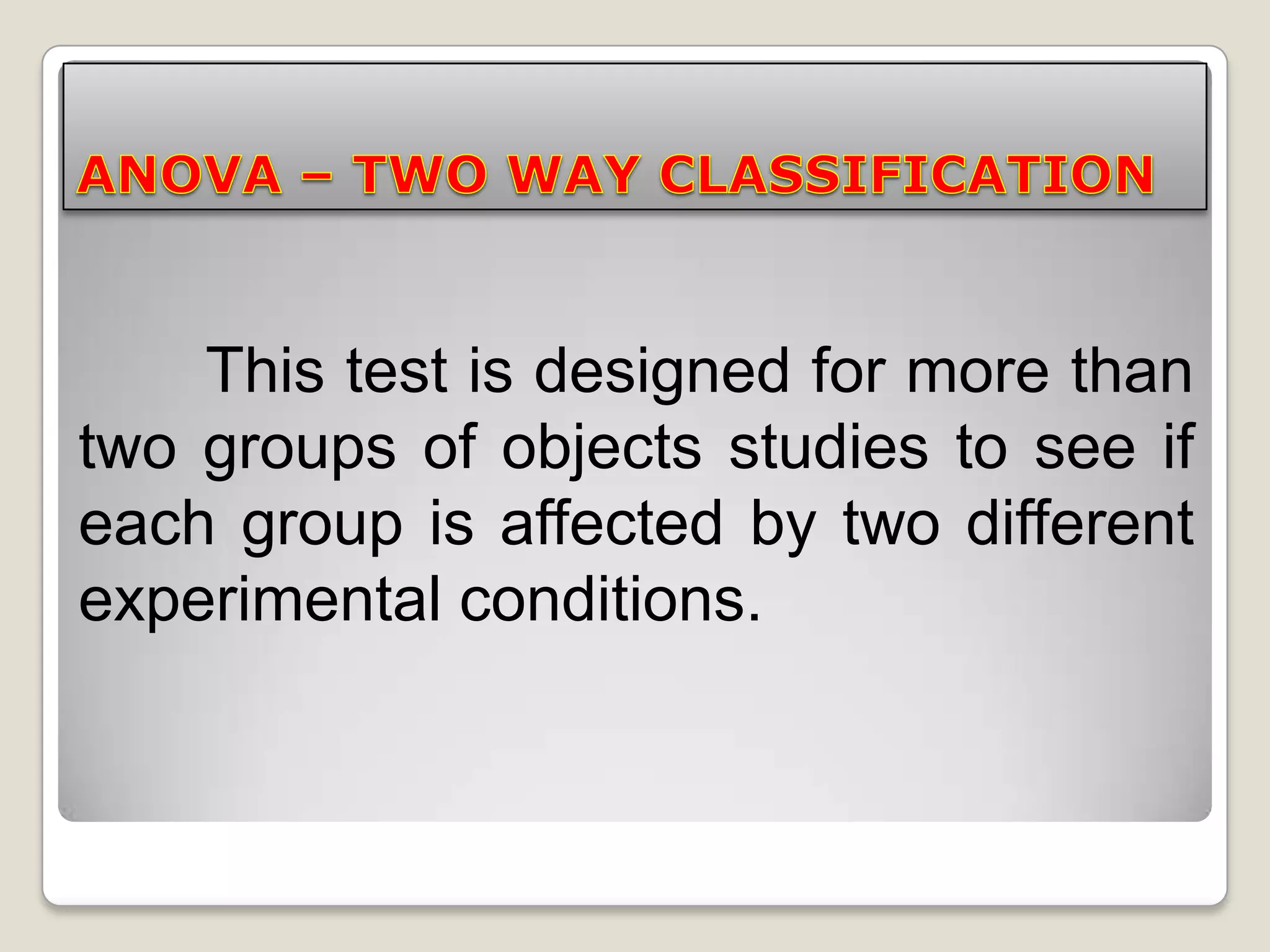 This test is designed for more than
two groups of objects studies to see if
each group is affected by two different
experimental conditions.

 