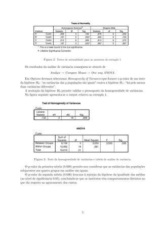 Figura 2: Testes de normalidade para as amostras do exemplo 1.
Os resultados da an´alise de variˆancia conseguem-se atrav´es de
Analyze → Compare Means → One way ANOVA.
Em Options devemos seleccionar Homogeneity of Variances que fornece o p-valor de um teste
da hip´otese H0: “as variˆancias das g popula¸c˜oes s˜ao iguais” contra a hip´otese H1: “h´a pelo menos
duas variˆancias diferentes”.
A aceita¸c˜ao da hip´otese H0 permite validar o pressuposto da homogeneidade de variˆancias.
Na ﬁgura seguinte apresenta-se o output relativo ao exemplo 1.
Figura 3: Teste da homogeneidade de variˆancias e tabela de an´alise de variˆancia.
O p-valor da primeira tabela (0.939) permite-nos considerar que as variˆancias das popula¸c˜oes
subjacentes aos quatro grupos em an´alise s˜ao iguais.
O p-valor da segunda tabela (0.036) leva-nos `a rejei¸c˜ao da hip´otese da igualdade das m´edias
(ao n´ıvel de signiﬁcˆancia 0.05), concluindo-se que os institutos tˆem comportamentos distintos no
que diz respeito ao agravamento dos custos.
5
 