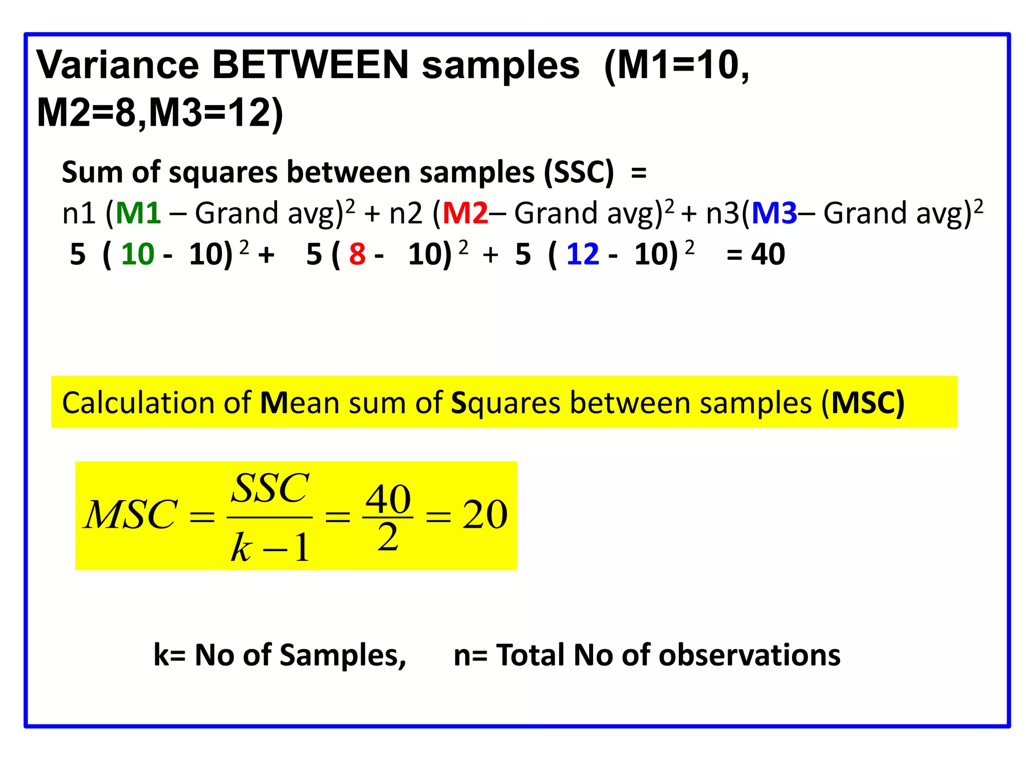Variance BETWEEN samples (M1=10,
M2=8,M3=12)
Sum of squares between samples (SSC) =
n1 (M1 – Grand avg)2 + n2 (M2– Grand avg)2 + n3(M3– Grand avg)2
5 ( 10 - 10)2 + 5 ( 8 - 10) 2 + 5 ( 12 - 10) 2 = 40
20
2
40
1



k
SSC
MSC
Calculation of Mean sum of Squares between samples (MSC)
k= No of Samples, n= Total No of observations
 