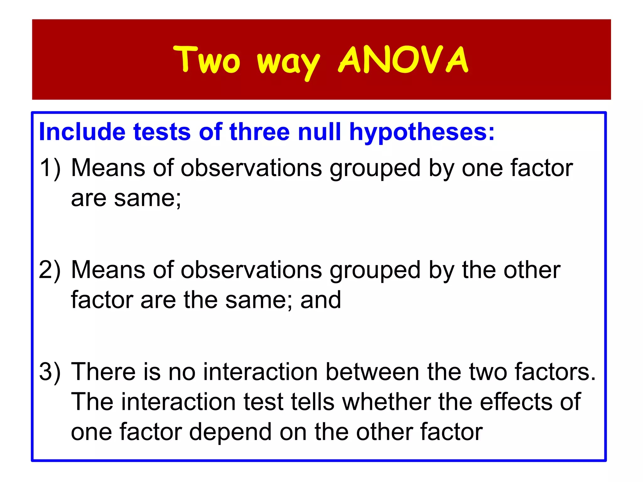 Two way ANOVA
Include tests of three null hypotheses:
1) Means of observations grouped by one factor
are same;
2) Means of observations grouped by the other
factor are the same; and
3) There is no interaction between the two factors.
The interaction test tells whether the effects of
one factor depend on the other factor
 