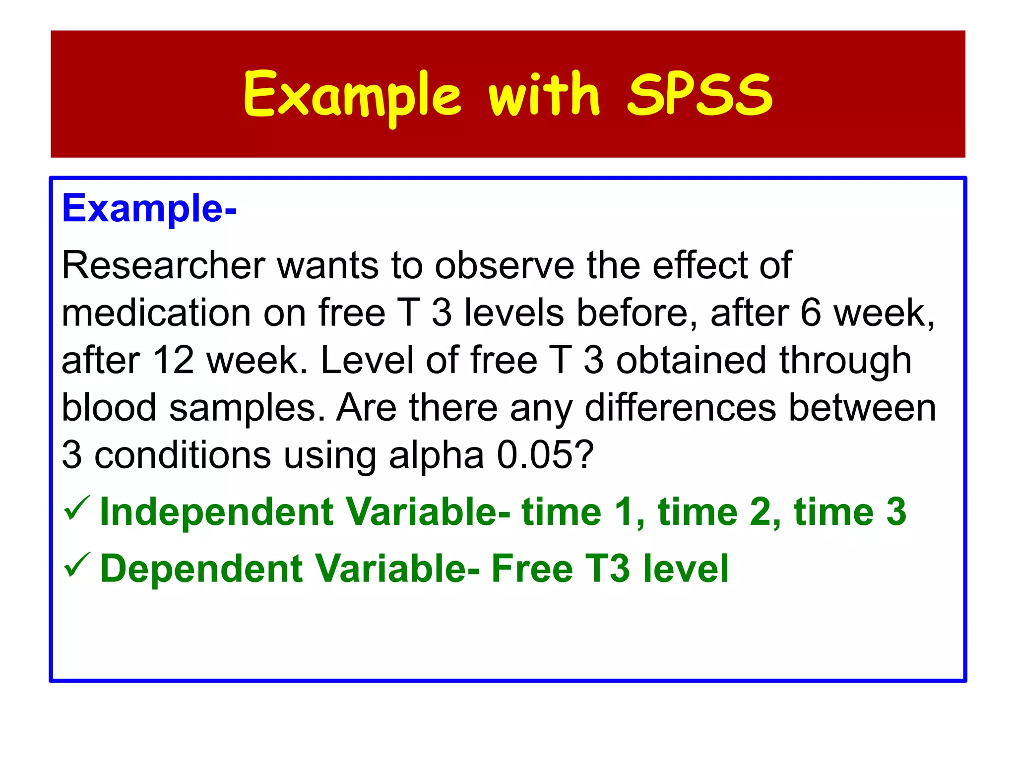 Example with SPSS
Example-
Researcher wants to observe the effect of
medication on free T 3 levels before, after 6 week,
after 12 week. Level of free T 3 obtained through
blood samples. Are there any differences between
3 conditions using alpha 0.05?
 Independent Variable- time 1, time 2, time 3
 Dependent Variable- Free T3 level
 