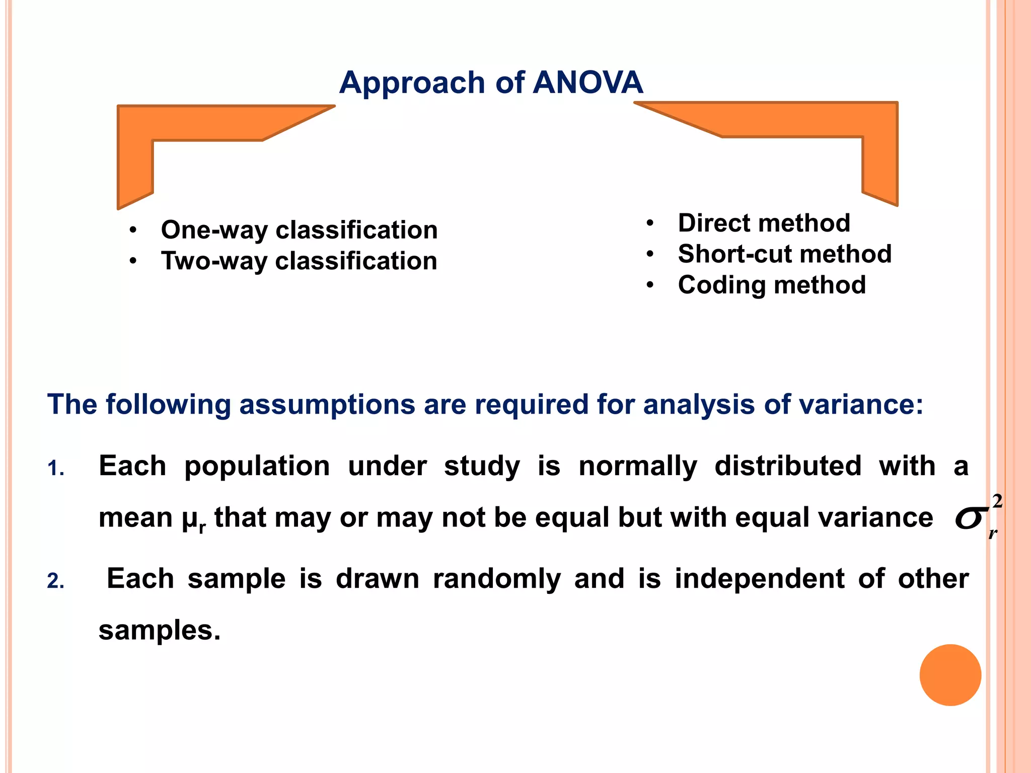 The following assumptions are required for analysis of variance:
1. Each population under study is normally distributed with a
mean μr that may or may not be equal but with equal variance
2. Each sample is drawn randomly and is independent of other
samples.
2
r

Approach of ANOVA
• One-way classification
• Two-way classification
• Direct method
• Short-cut method
• Coding method
 
