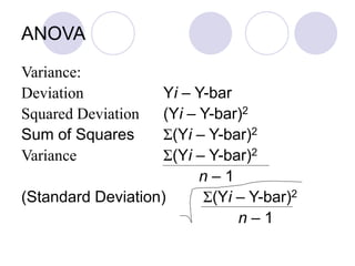 ANOVA
Variance:
Deviation Yi – Y-bar
Squared Deviation (Yi – Y-bar)2
Sum of Squares Σ(Yi – Y-bar)2
Variance Σ(Yi – Y-bar)2
n – 1
(Standard Deviation) Σ(Yi – Y-bar)2
n – 1
 