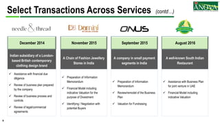 9
A well-known South Indian
Restaurant
A company in small payment
segments in India
Indian subsidiary of a London-
based British contemporary
clothing design brand
A Chain of Fashion Jewellery
Stores in India
Select Transactions Across Services (contd…)
December 2014
 Assistance with financial due
diligence
 Review of business plan prepared
by the company
 Review of business process and
controls
 Review of legal/commercial
agreements
November 2015
 Preparation of Information
Memorandum
 Financial Model including
indicative Valuation for the
purpose of Divestment
 Identifying / Negotiation with
potential Buyers
September 2015
 Preparation of Information
Memorandum
 Review/remodel of the Business
Plan
 Valuation for Fundraising
August 2016
 Assistance with Business Plan
for joint venture in UAE
 Financial Model including
indicative Valuation
 