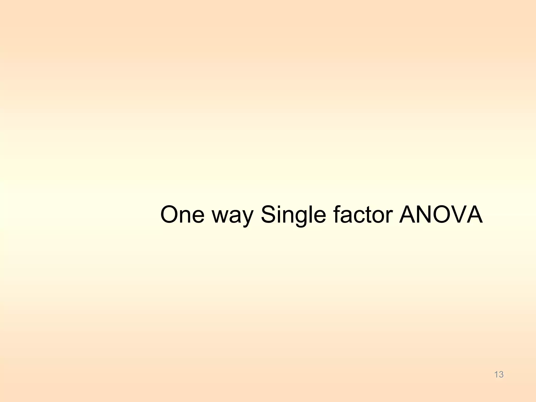 One way Single factor ANOVA 
13 
 