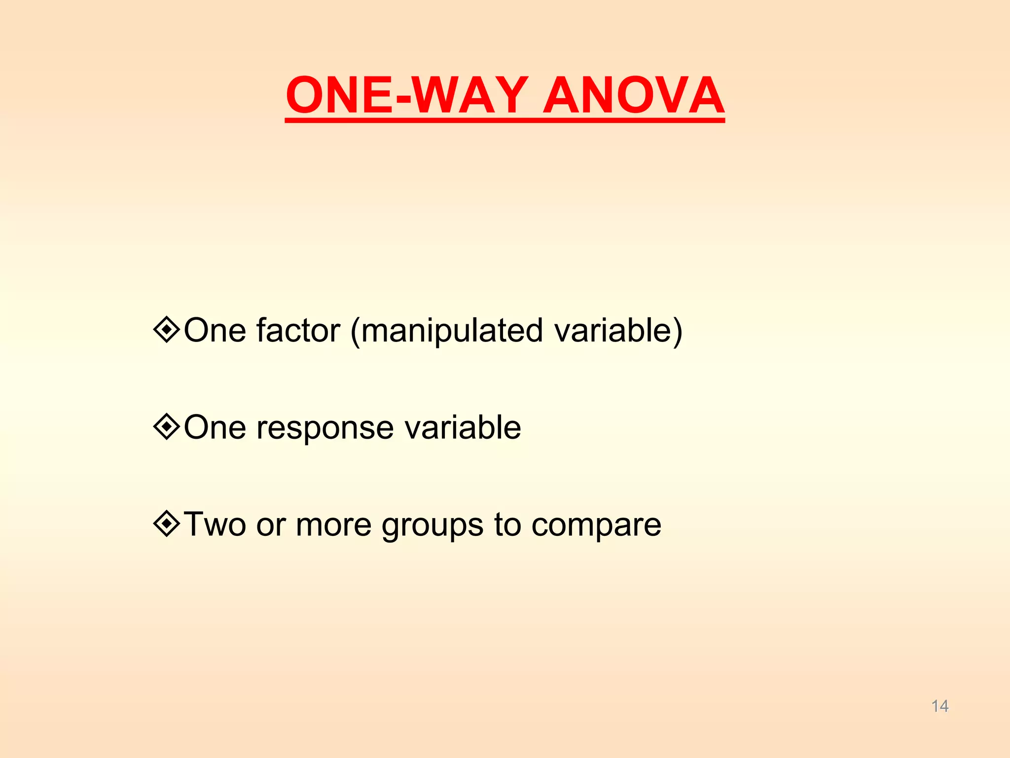 ONE-WAY ANOVA 
One factor (manipulated variable) 
One response variable 
Two or more groups to compare 
14 
 