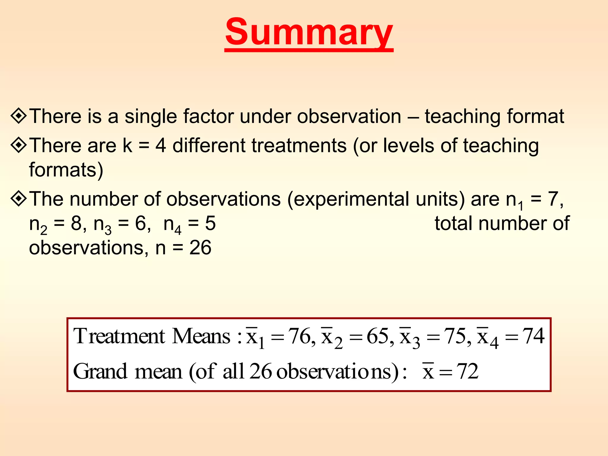 Summary 
There is a single factor under observation – teaching format 
There are k = 4 different treatments (or levels of teaching 
formats) 
The number of observations (experimental units) are n1 = 7, 
n2 = 8, n3 = 6, n4 = 5 total number of 
observations, n = 26 
Treatment Means : x1 = 76, x2 = 65, x3 = 75, x4 = 
74 
Grand mean (of all 26 observations) : x = 
72 
 