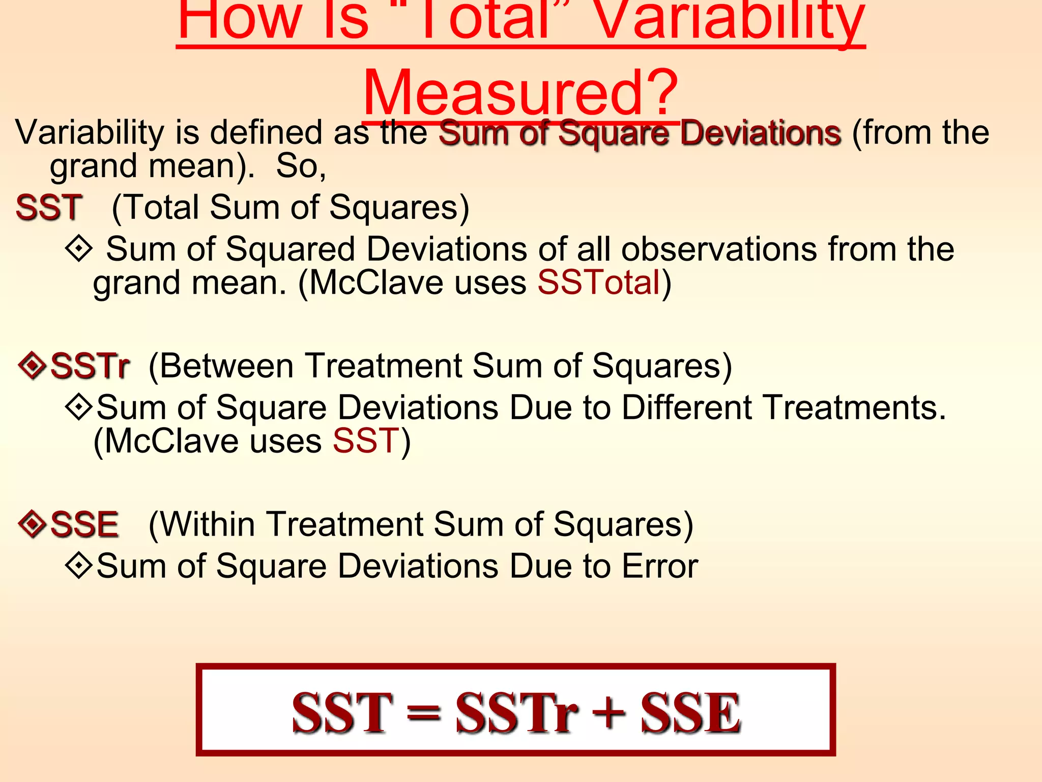 How Is “Total” Variability 
Measured? 
Variability is defined as the Sum of Square Deviations (from the 
grand mean). So, 
SST (Total Sum of Squares) 
 Sum of Squared Deviations of all observations from the 
grand mean. (McClave uses SSTotal) 
SSTr (Between Treatment Sum of Squares) 
Sum of Square Deviations Due to Different Treatments. 
(McClave uses SST) 
SSE (Within Treatment Sum of Squares) 
Sum of Square Deviations Due to Error 
SST = SSTr + SSE 
 