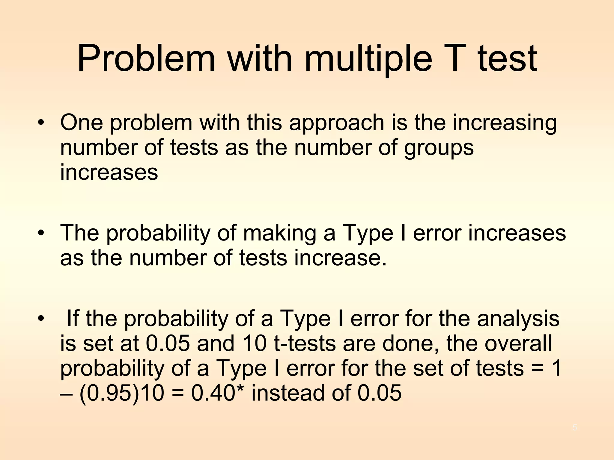 Problem with multiple T test 
• One problem with this approach is the increasing 
number of tests as the number of groups 
increases 
• The probability of making a Type I error increases 
as the number of tests increase. 
• If the probability of a Type I error for the analysis 
is set at 0.05 and 10 t-tests are done, the overall 
probability of a Type I error for the set of tests = 1 
– (0.95)10 = 0.40* instead of 0.05 
5 
 