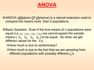 ANOVA 
ANOVA (ANalysis Of VAriance) is a natural extension used to 
compare the means more than 2 populations. 
Basic Question: Even if the true means of n populations were 
equal (i.e. m1 = m2 = m3 = m4) we cannot expect the sample 
means (x1, x2, x3, x4 ) to be equal. So when we get 
different values for the x’s, 
How much is due to randomness? 
How much is due to the fact that we are sampling from 
different populations with possibly different mj’s. 
 