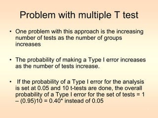 Problem with multiple T test 
• One problem with this approach is the increasing 
number of tests as the number of groups 
increases 
• The probability of making a Type I error increases 
as the number of tests increase. 
• If the probability of a Type I error for the analysis 
is set at 0.05 and 10 t-tests are done, the overall 
probability of a Type I error for the set of tests = 1 
– (0.95)10 = 0.40* instead of 0.05 
5 
 